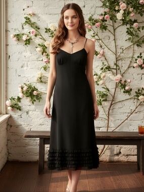 Ann Taylor LOFT Black Ruffle Hem Midi Timeless Little Black Slip  Dress Size 4